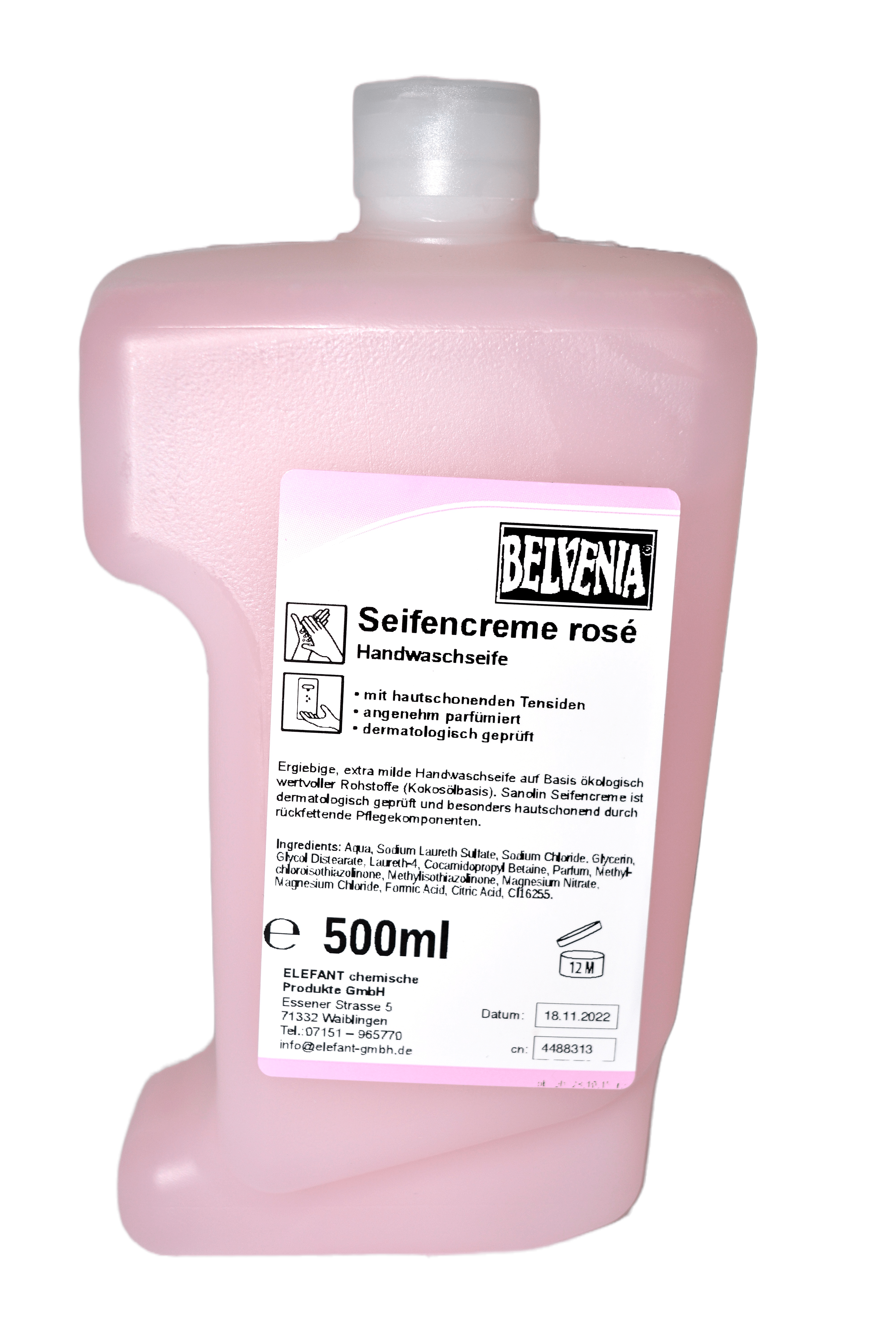 BELVENIA-Cremeseife rosa 500 ml Spenderflasche (BC) Karton mit 12x500 ml